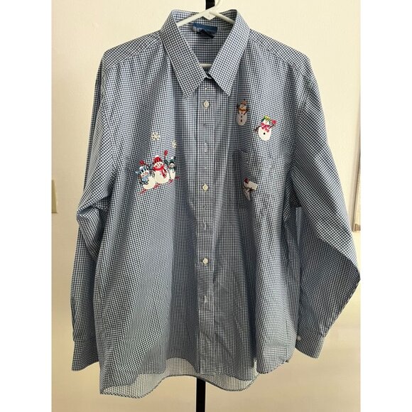 EUC Las Olas  Blue & White Checkered Snowman Embroidered Button-Up Shirt XL - Picture 1 of 8